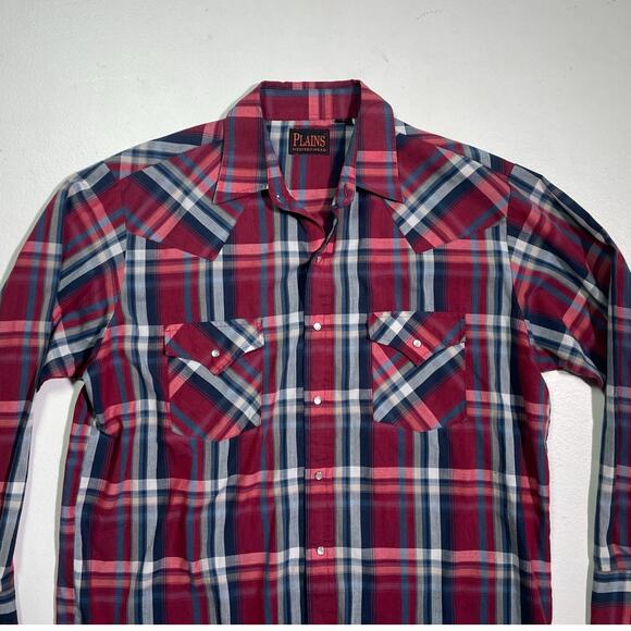 Vintage 80's Red Plaid Pearl Snap Button Shirt / Sz L / Plains Westernwear - Picture 3 of 8